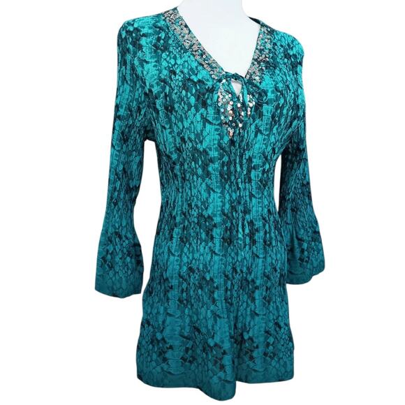 Y2K FASHION BUG Top Blouse L‎ Accordion Pleats Flare Sequins Snake Turquoise - Picture 10 of 12